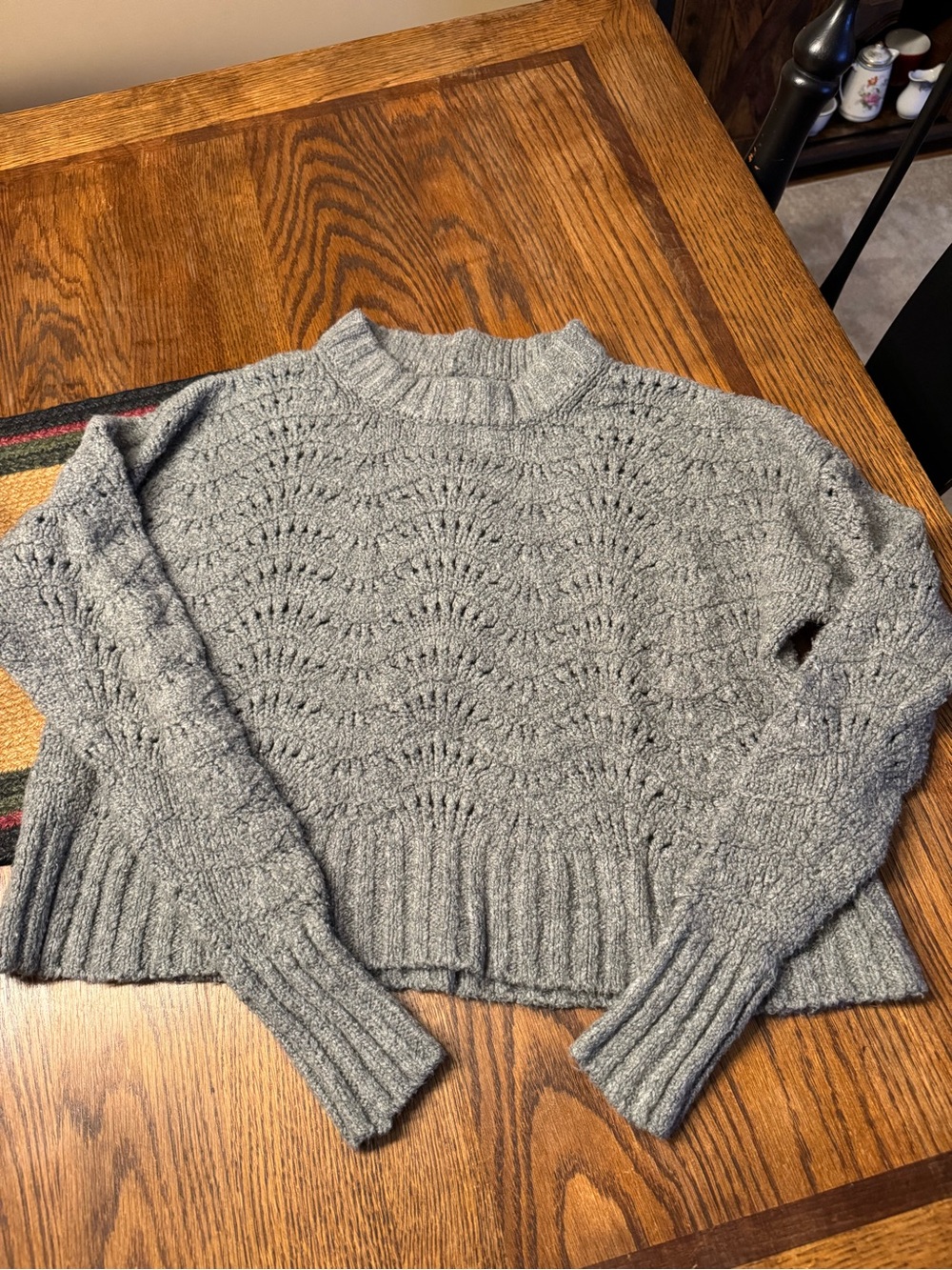 American Eagle Outfitters Gray Mock-Neck Openwork Knit Sweater
